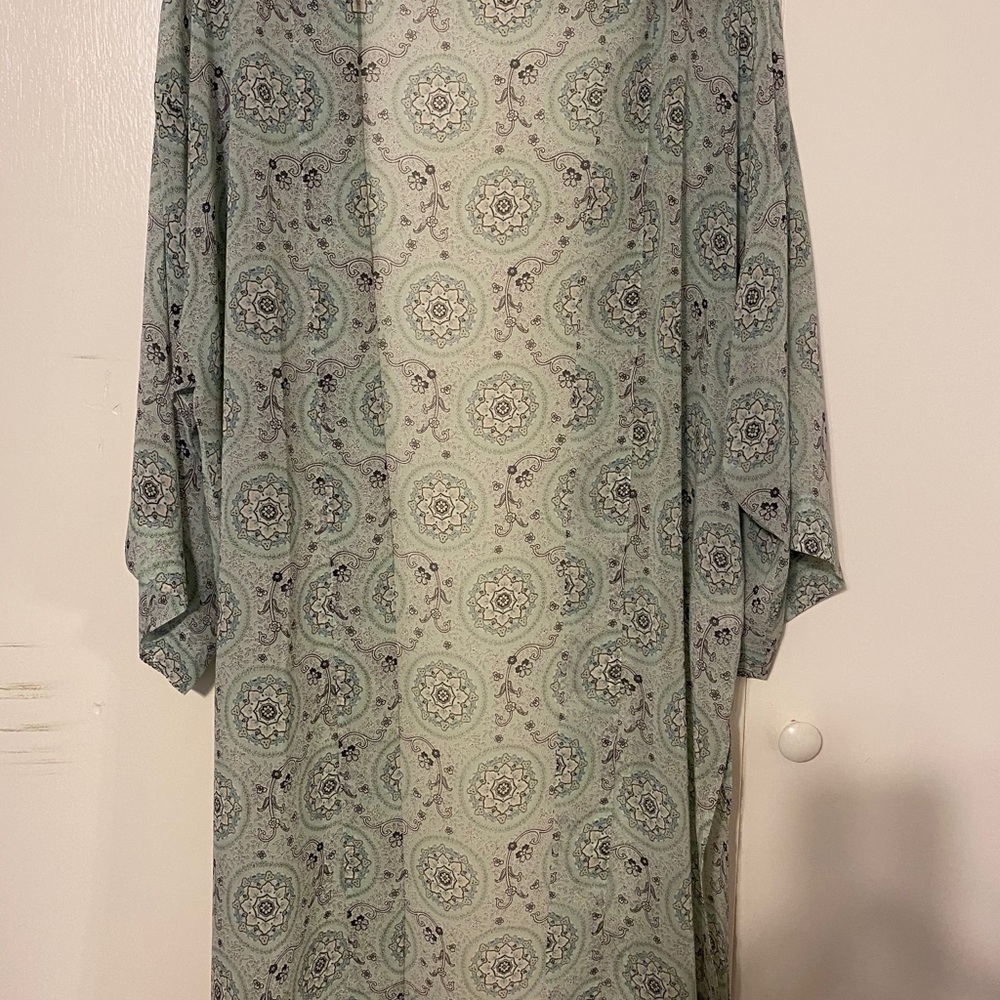 Kimono Wrap with greens, peach and brown colors